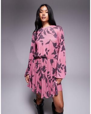 ASOS Textured Mesh Blouson Balloon Sleeve Mini Dress Purple Floral Print