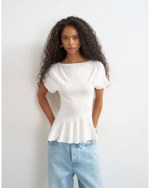 TOPSHOP Knitted Grown On Short Sleeve Peplum Top - White