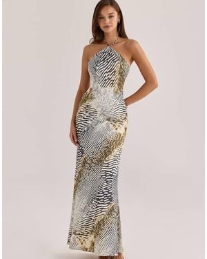 House Of Cb Luna Animal Print Satin Halter Neck Maxi Slip Dress - Multicolour