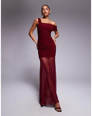 Kaiia Exclusive Double Laye Slinky Asymmetric One Shoulder Sheer Hem Maxi Dress - Red
