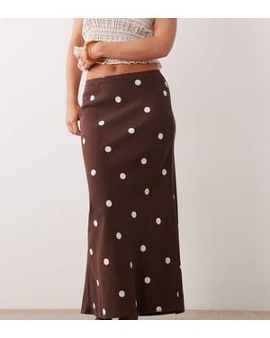 New Look Linen Blend Polka Dot Midi Skirt - Brown