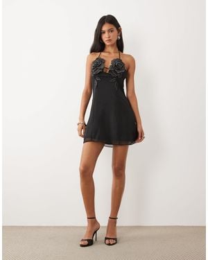 JW PEI Floral Applique Halter Neck Mini Dress - Black