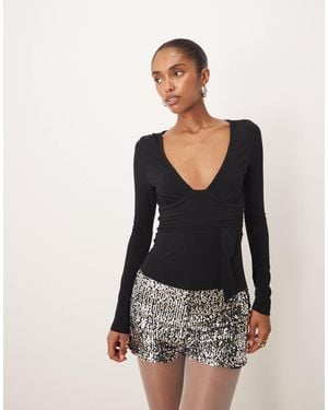 Motel Levard Longsleeve V Neck Drape Jersey Top - Black