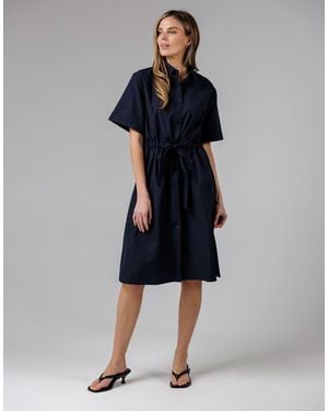 French Connection Cotton Blend Short Sleeve Tie Waist Poplin Midi Shirt Dress - Blue