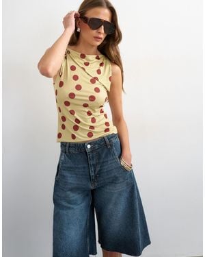 TOPSHOP Polka Dot Microfibre Fold Over Tie Shoulder Top - Blue