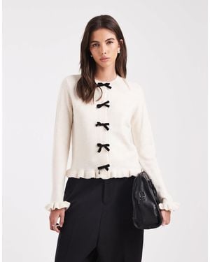 Threadbare Crew Neck Cardigan With Flutter Sleeve And Bow Detail - White
