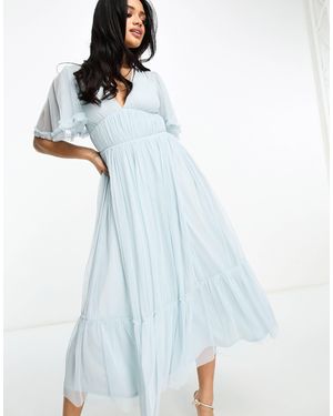 Beauut Bridesmaid Tulle Midi Dress With Flutter Sleeve - Blue