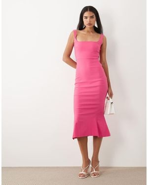 Vesper Bengaline Sleeveless Square Neck Fishtail Midi Dress - Pink