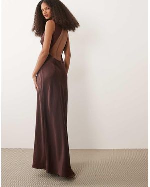 4th & Reckless Satin V Neck Open Back Detail Maxi Dress - Brown