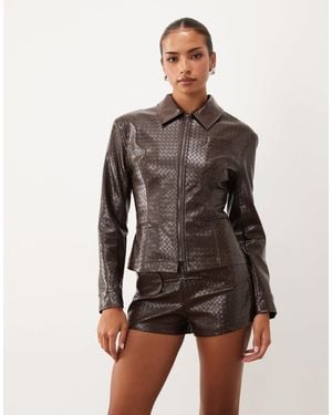 Lioness Soho Woven Faux Leather Collar Detail Fitted Jacket Co-ord - Brown