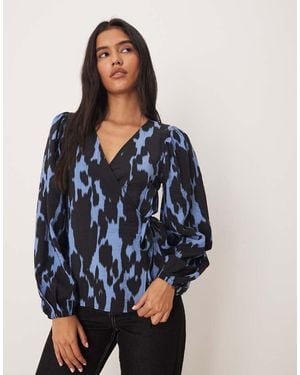 Jdy Abstract Print Wrap Blouse - Blue