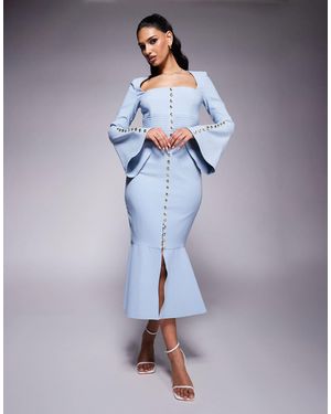 Lavish Alice Boucle Square Neck Micro Rose Button Midi Dress - Blue