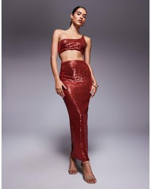 ASOS All Over Sequin One Shoulder Faux-Ord Midi Dress - Red