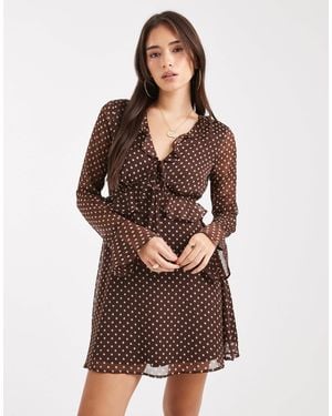 Wednesday's Girl Long Sleeve V Neck Ruffle Polka Dot Mini Dress - Brown