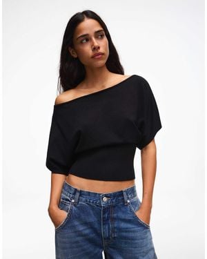 Bershka Pull à encolure asymétrique - Bleu