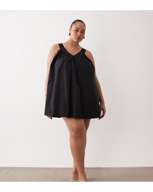 ASOS Asos Design Curve V Neck Smock Poplin Mini Sundress With Lace Overlay - Black