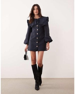 Ghospell Oversized Collar Balloon Sleeve Mini Dress - Blue