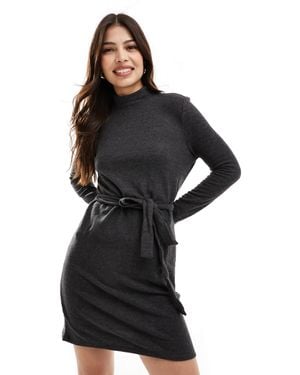 Vero Moda High Neck Knitted Mini Dress With Tie Waist - Black