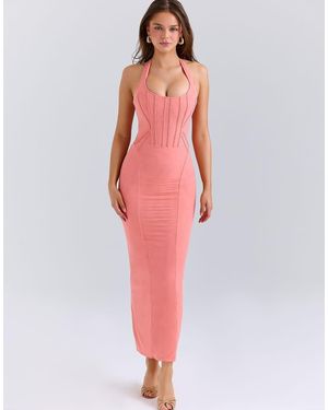House Of Cb Lusilla Coral Stretch Mesh Halter Neck Midi Dress - Red