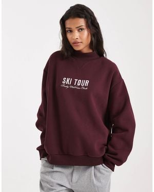 Cotton On Plush Mock Neck Sweatshirt With Ski Tour Graphic - Red