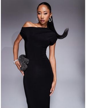 Kaiia Exclusive Double Layered Slinky Drape Off Shoulder Bodycon Maxi Dress - Black