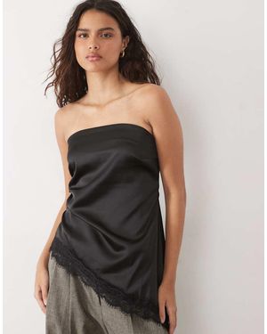 New Look Lace Trim Asymmetric Satin Bandeau Top - Black