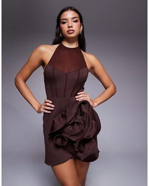 ASOS Halterneck Mini Dress With Oversize Corsage Skirt Detail - Brown