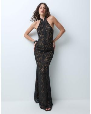TFNC London Robe longue premium en dentelle, dos nu, fermeture crochet et œillet devant, coupe sirène, e - Noir