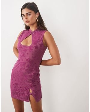 ASOS Flocked Mesh Mandarian Detail Mini Dress - Pink