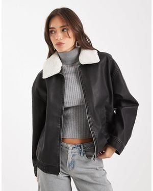Hollister Sherpa Collar Faux Leather Bomber Jacket - Black