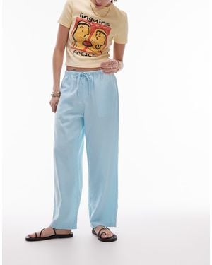 TOPSHOP Mid Rise Linen Awkward Length Trouser - Blue