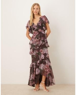 ASOS Raw Edge Asymmetric Ruffle Maxi Dress With High Low Hem - Multicolour
