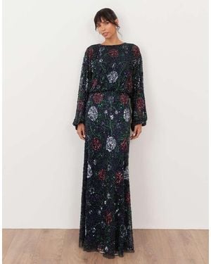 Maya Embellished Round Neck Long Blouson Sleeve Maxi Dress - Blue