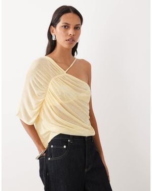 ASOS Soft Semi Sheer One Shoulder Top With Ruching - Natural