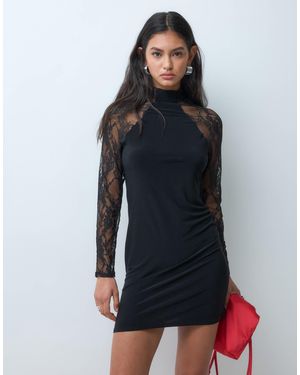 ASOS Figurbetontes, hochgeschlossenes minikleid mit spitzärmeln - Blau