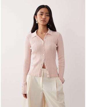 Pretty Lavish Button Down Long Sleeve Ribbed Top - Pink