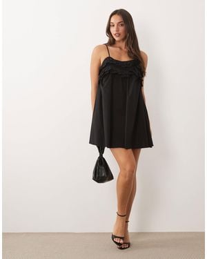Fashionkilla Exclusive Cotton Rich Poplin Ruffle Hem Cami Top Babydoll Mini Dress - Black