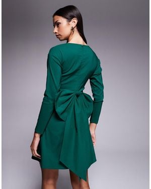 TFNC London Bengaline Long Sleeve A-Line Bow Back Mini Dress - Green