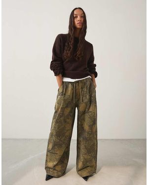 Bershka Printed Parachute Cargo Trousers - Green