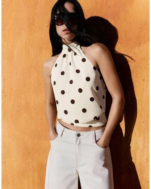 Bershka Halter Polka Dot Top - Brown