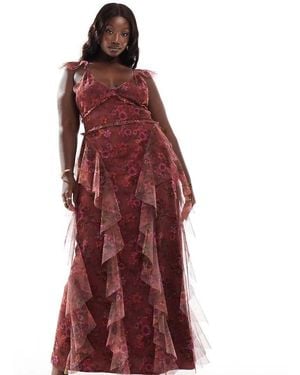 Lace & Beads Plus Vestito Lungo Con Volant E Stampa A Fiori - Rosso