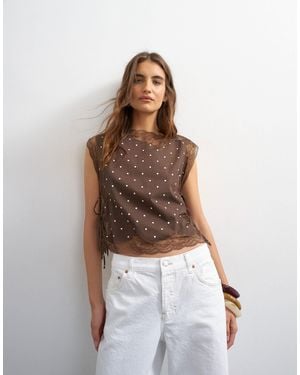 TOPSHOP Tie Side Lace Detail Top - Brown