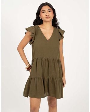 Brave Soul Frill Sleeve V-Neck Tiered Mini Dress - Green