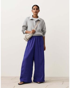 Oysho 100% Linen Wide-leg Trousers With Side Pleat - Blue