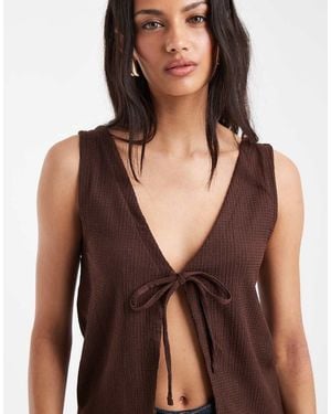 Pieces Tie Front Reversible Textured Top - Brown