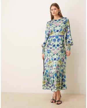 Hope & Ivy Blouson Long Sleeve Midaxi Dress With Bow Back - Blue