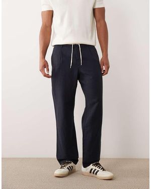 Mango Linen Blend Straight Leg Draw String Trousers - Blue
