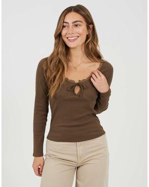Brave Soul Ribbed Long Sleeve Top With Lace Trim - Brown