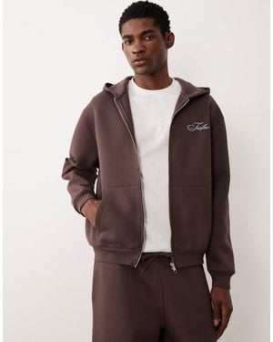 ASOS Co-Ord Heavyweight Scuba-Style Fabric Relaxed Zip Hoodie With Embroidery - Brown