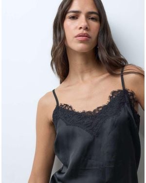 New Look Longline Asymmetric Lace Trim Satin Cami Top - Blue